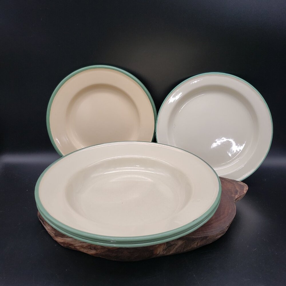 Vintage Kockums Sweden Enamelware Set 3 Bowls & 3 Plates Green Rim Scandinavian